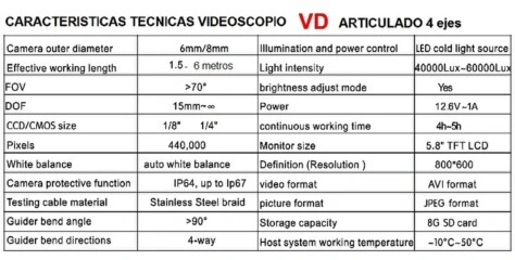 videoscopio industrial articulado 4 ejes diaametro 8 mm x 6 metros GimateG