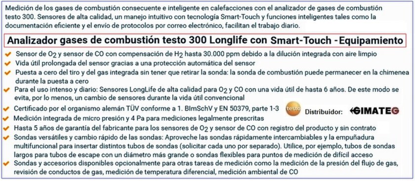 caracteristicas analizador gases combustion testo 300 gimateg