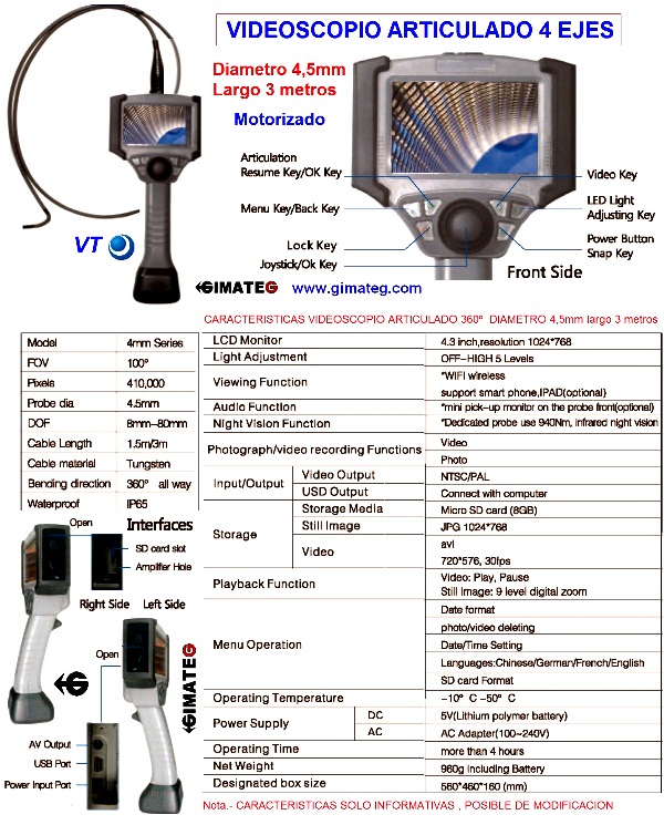 datos tecnicos videoscopio articulado DV